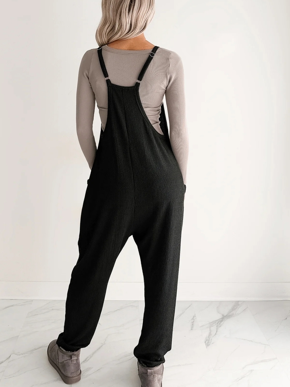 Black Ribbed Wide-Leg Jumpsuit - Picture 2 of 6